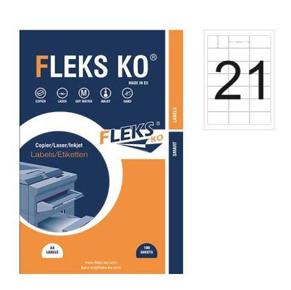 Етикети Fleks Ko Бели, обли ъгли, 63.5x38.1 mm A4, 100 л. 21 етик./лист Етикети Fleks Ko Бели, обли ъгли, 63.5x38.1 mm A4, 100 л. 21 етик./лист