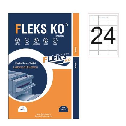 Етикети Fleks Ko Бели, обли ъгли, 64x34 mm A4, 100 л. 24 етик./лист Етикети Fleks Ko Бели, обли ъгли, 64x34 mm A4, 100 л. 24 етик./лист